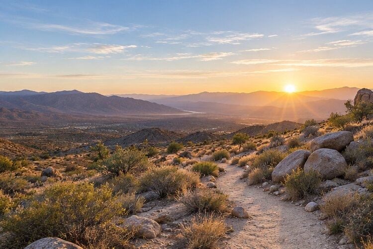 A desert path and distant mountains at sunrise