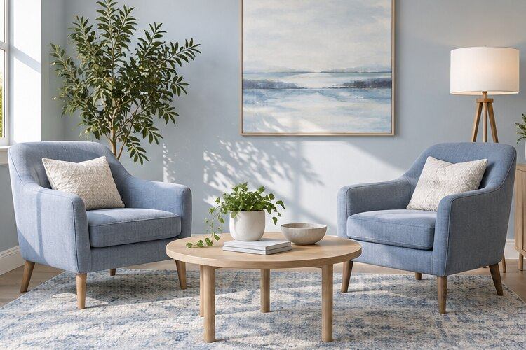 Two empty blue armchairs in a sunlit room