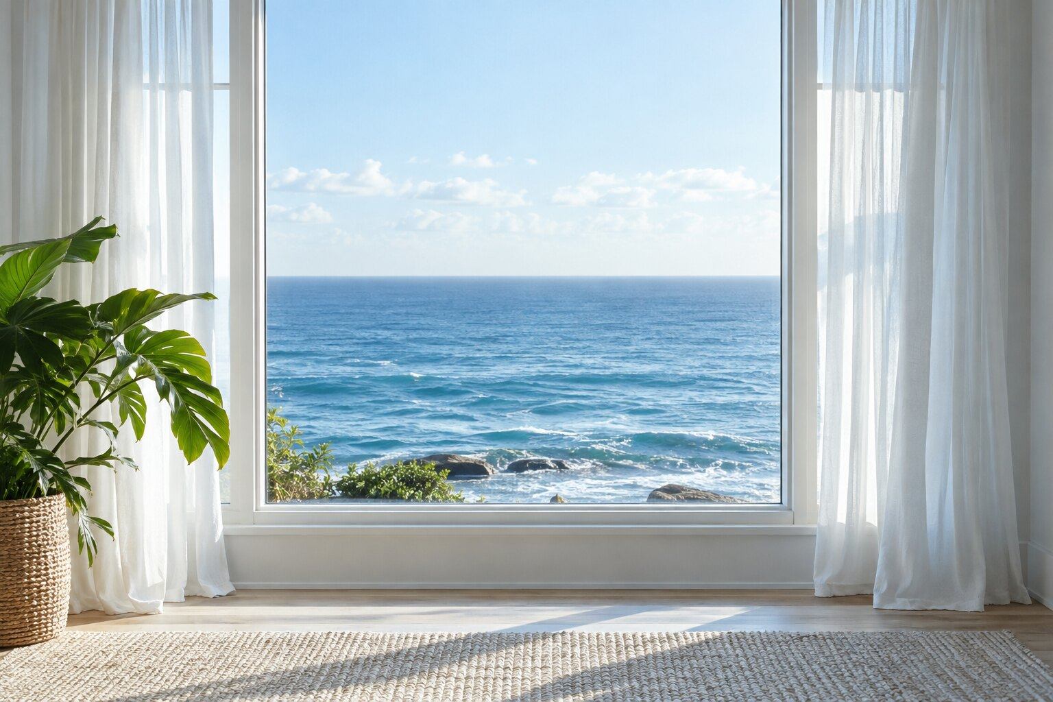 A broad white window and sheer curtains framing peaceful blue ocean.