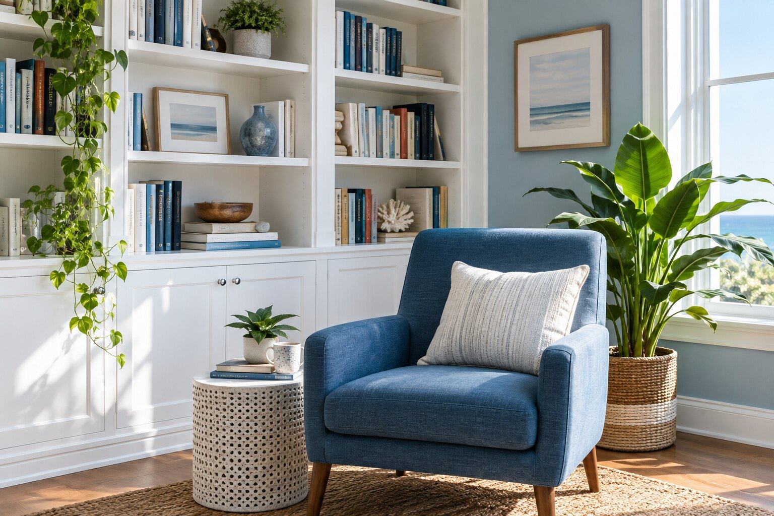 A blue chair and plant beside built-in white bookshelves in a bright office corner.