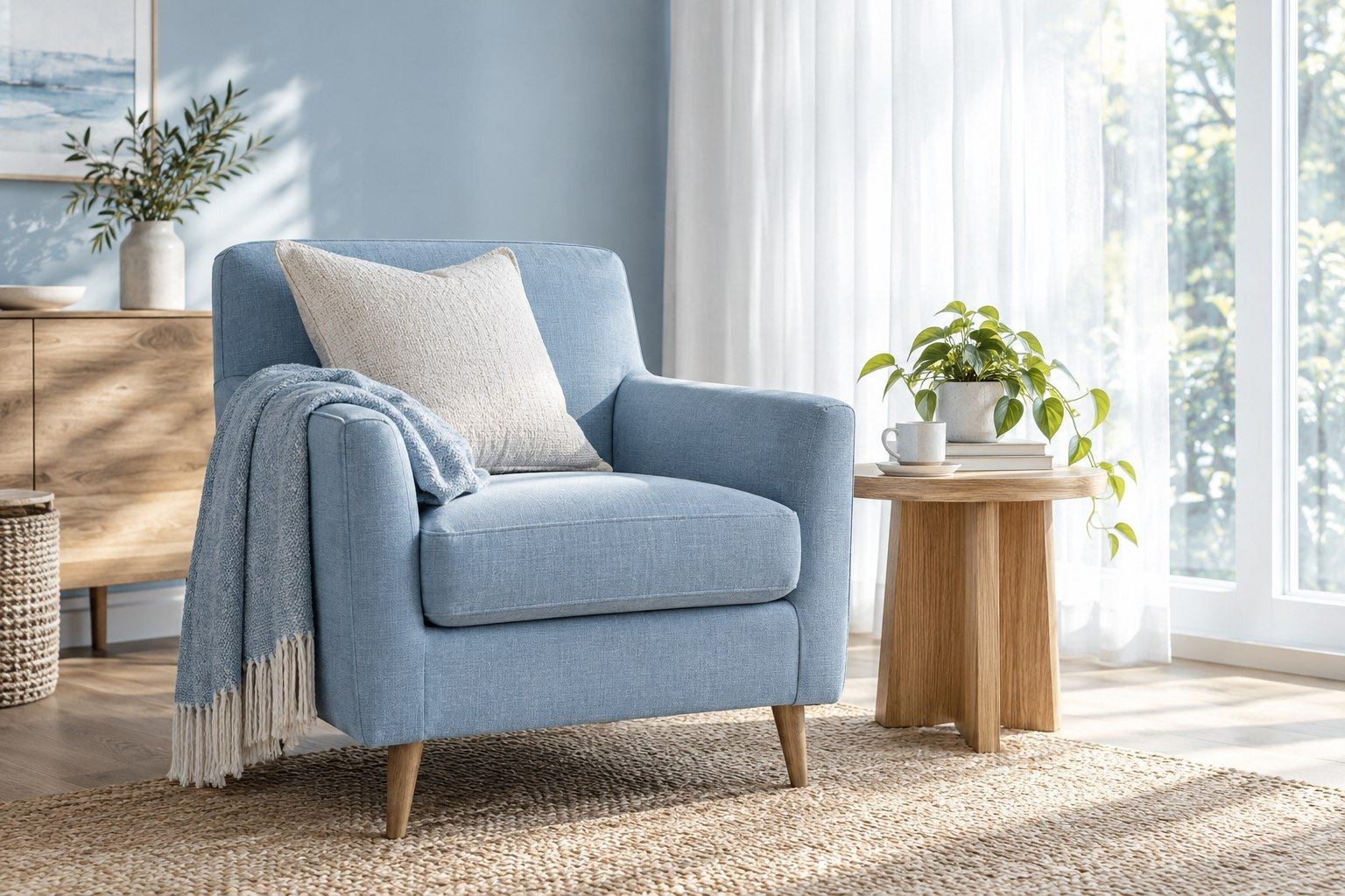 An empty light-blue armchair beside a sunlit window