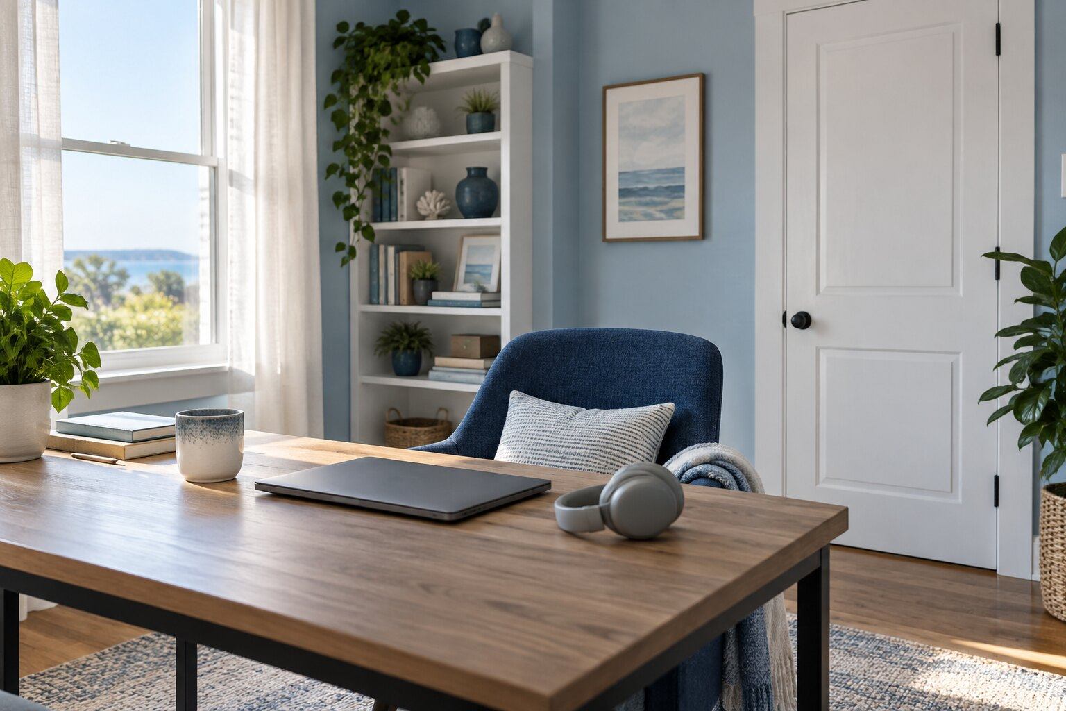 An empty private study with a closed white door, blue chair, headphones and closed laptop.