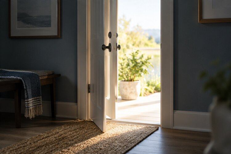 An open doorway leading into daylight