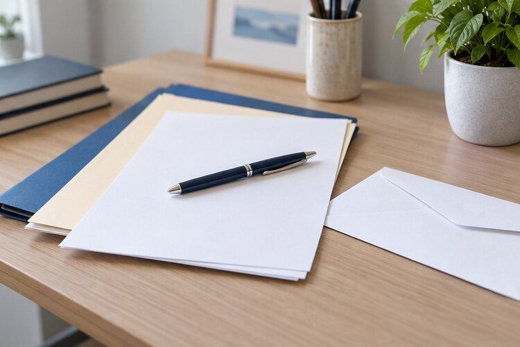 Blank paper and a pen on a tidy wooden desk