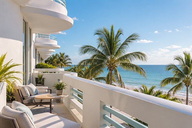 An illustrative white balcony overlooking blue water and palms