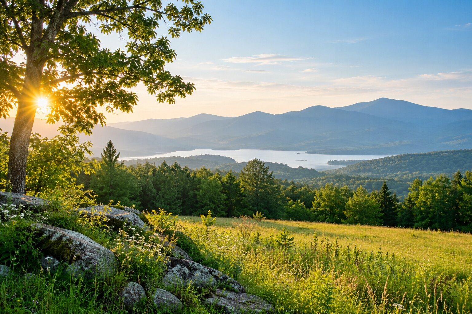 Morning sunlight reaches a green meadow with distant blue mountains.