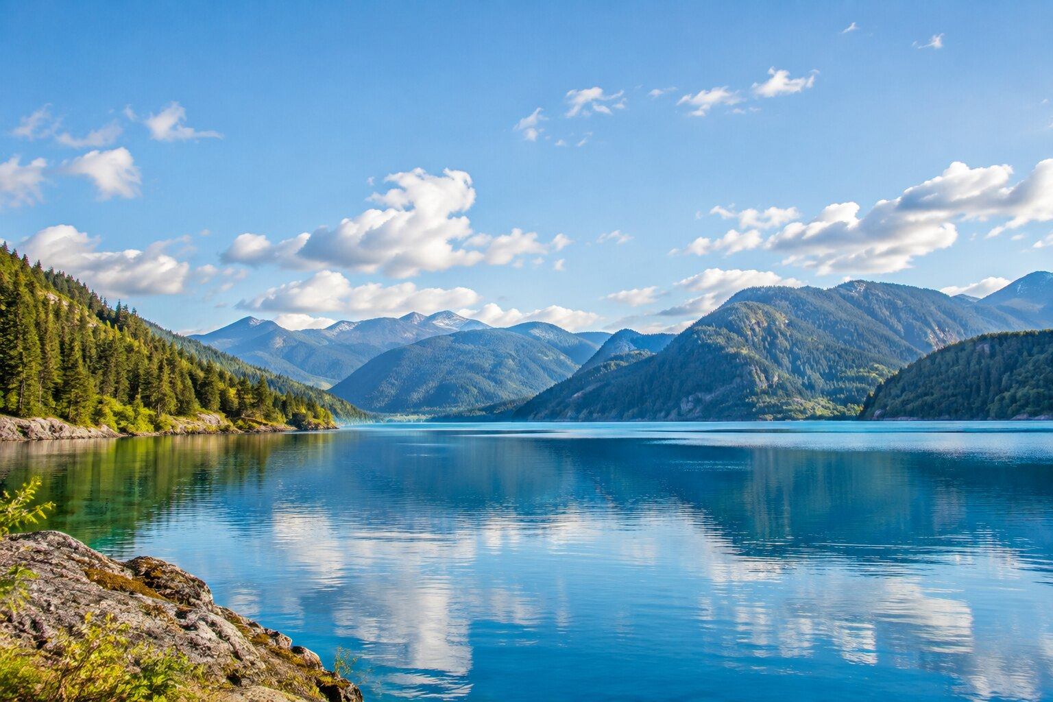 A glassy blue alpine lake below rounded forested slopes and soft white clouds.