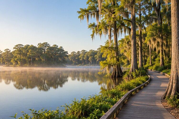 An illustrative lakeside path beside cypress trees