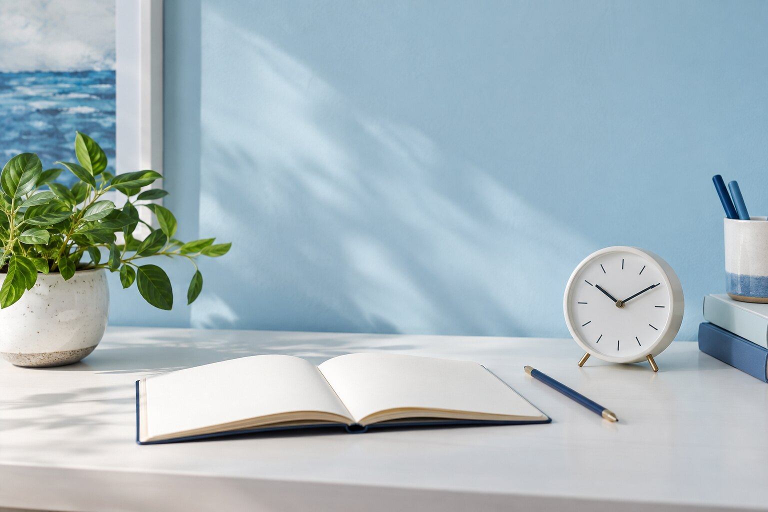A blank open notebook, navy pen and small white clock on a pale desk against a light-blue wall.