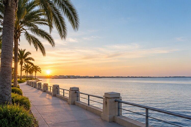 An illustrative palm-lined waterfront promenade at sunrise