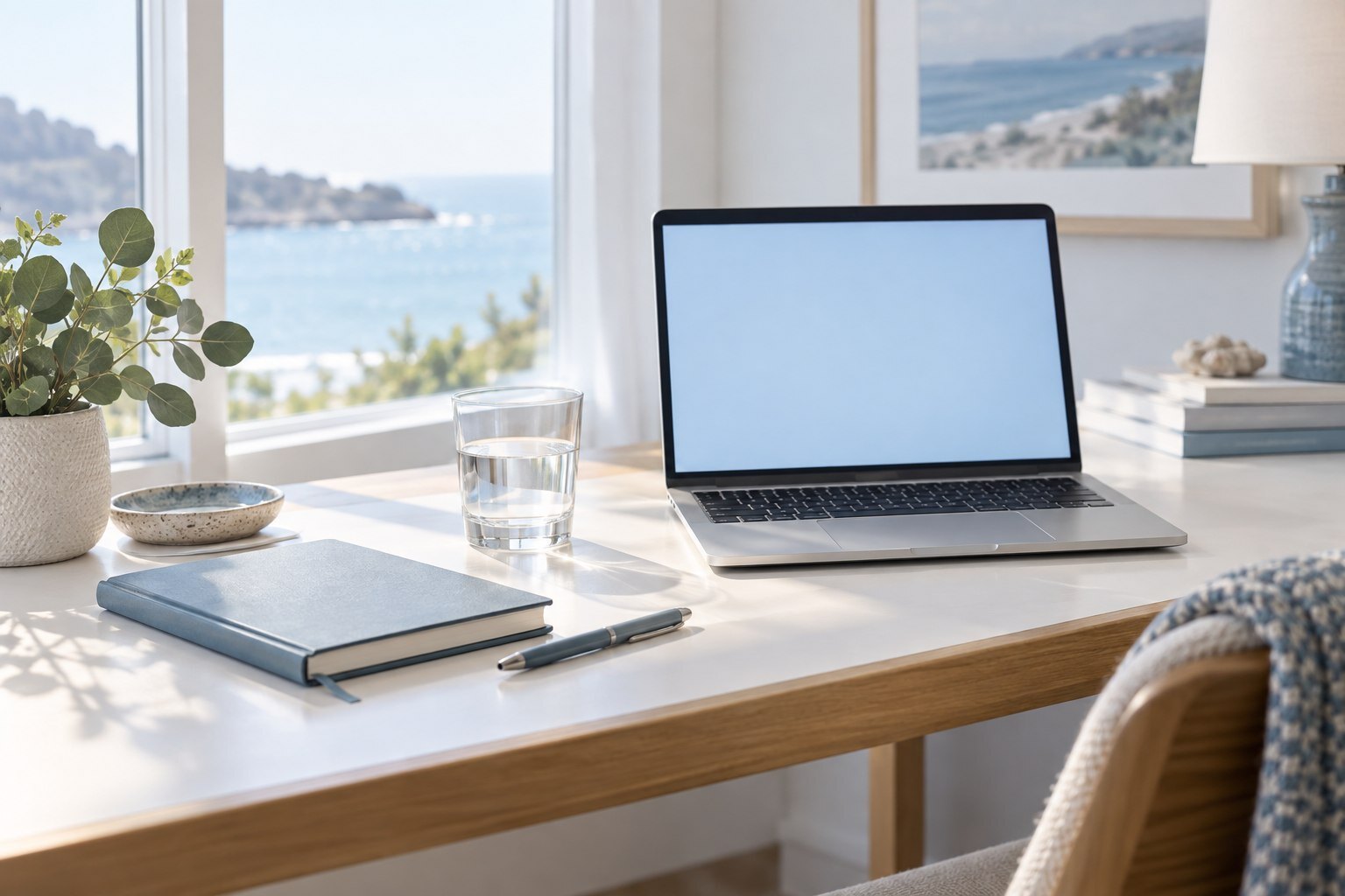 A laptop and notebook on an empty desk overlooking water