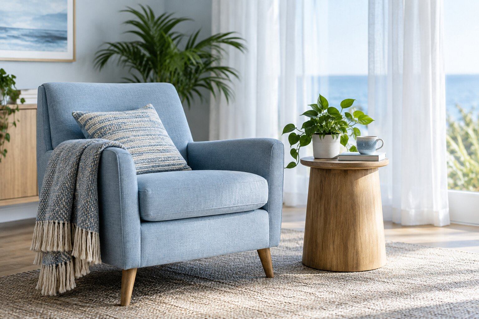An empty light-blue armchair beside sheer curtains, a small wood side table and a green plant.