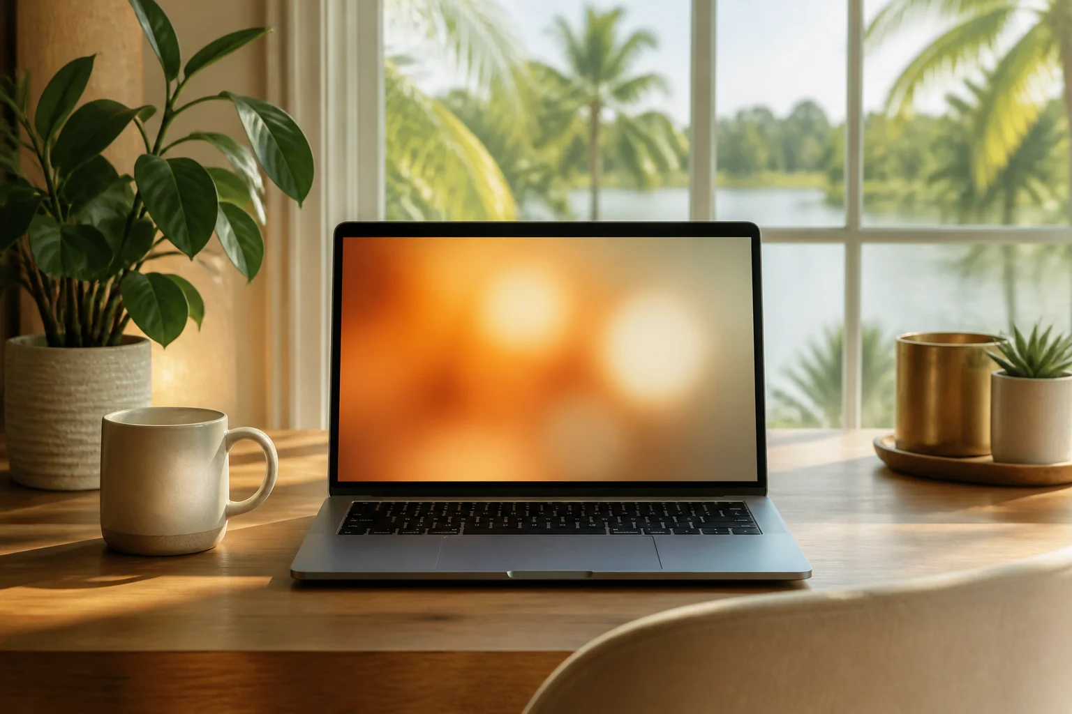 Laptop on a wooden desk for a video visit, Florida palms outside
